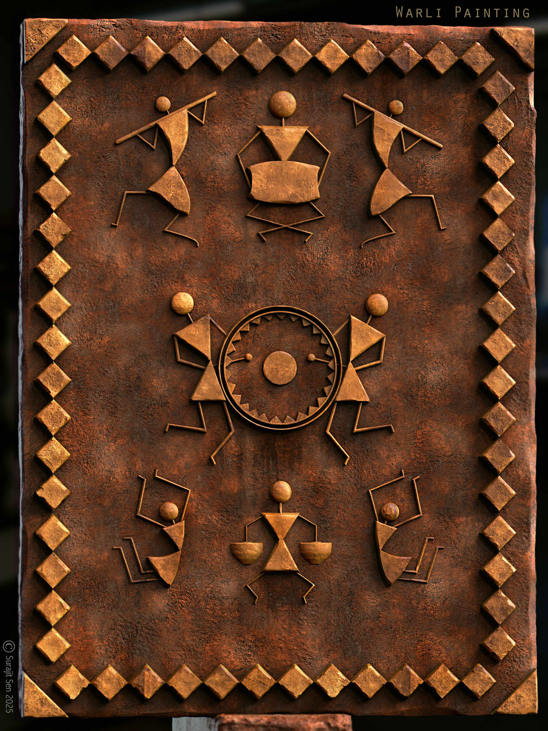 Celebration_Warli Painting_3D Relief Digital Sculpture_SurajitSen_May2025
