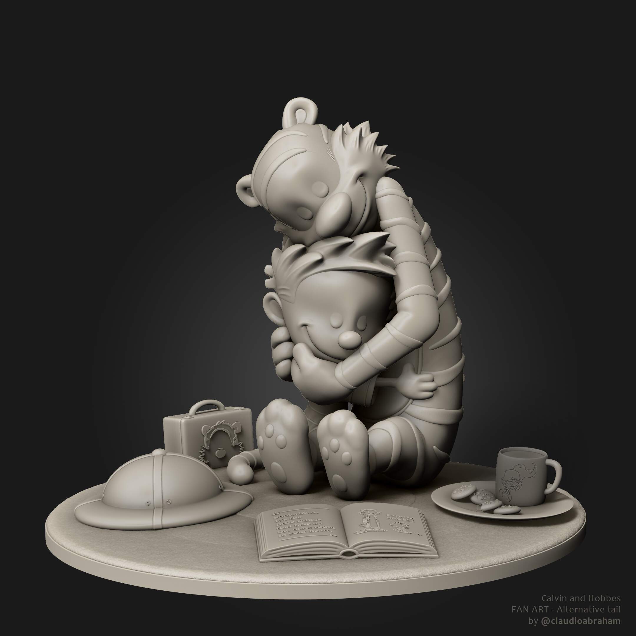 Calvin and Hobbes Diorama - 191f - Soulbonding Render - Tail 2 - BW - FRONT - Signed