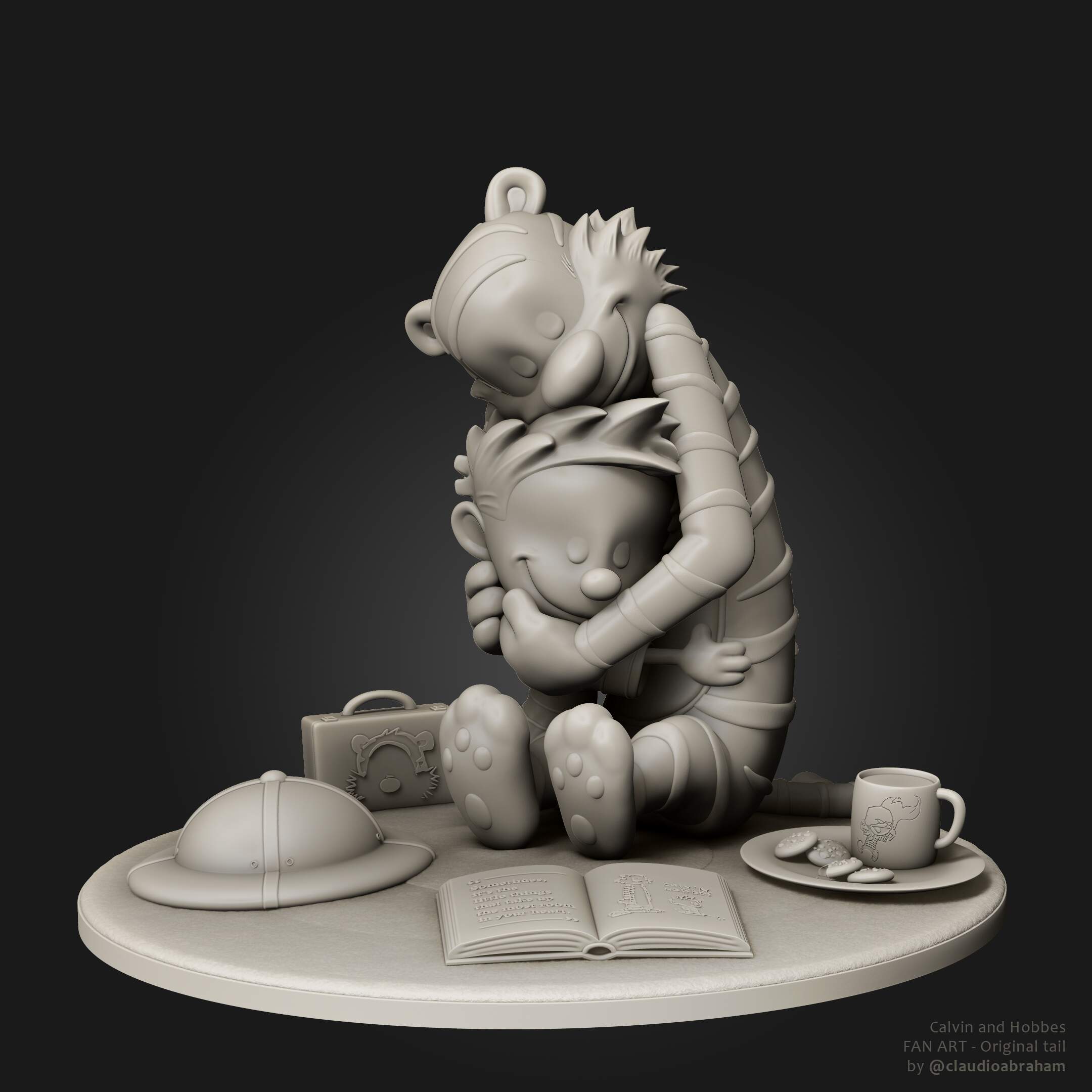 Calvin and Hobbes Diorama - 191f - Soulbonding Render - Tail 1 - BW - FRONT - Signed